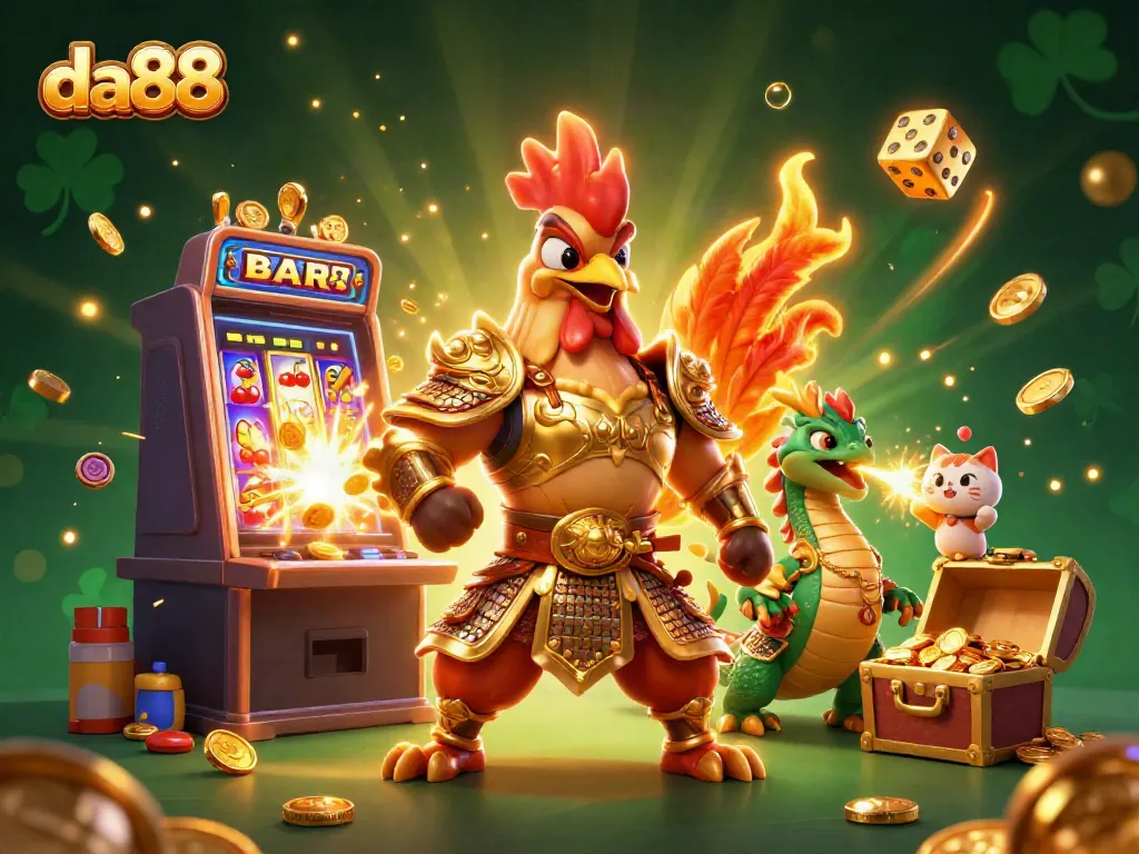 Experience the exciting world of da88 slots with a dynamic rooster warrior and dragon hatchling.
