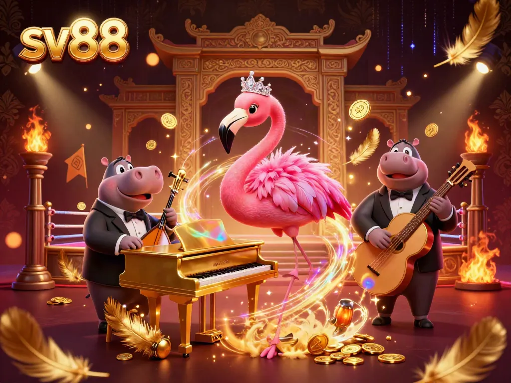 Experience the vibrant sv88 casino atmosphere with a dynamic flamingo singer and hippo bassist.