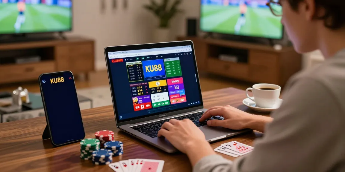 Engaged player at home using https://ku88vt.com/ for online betting excitement.