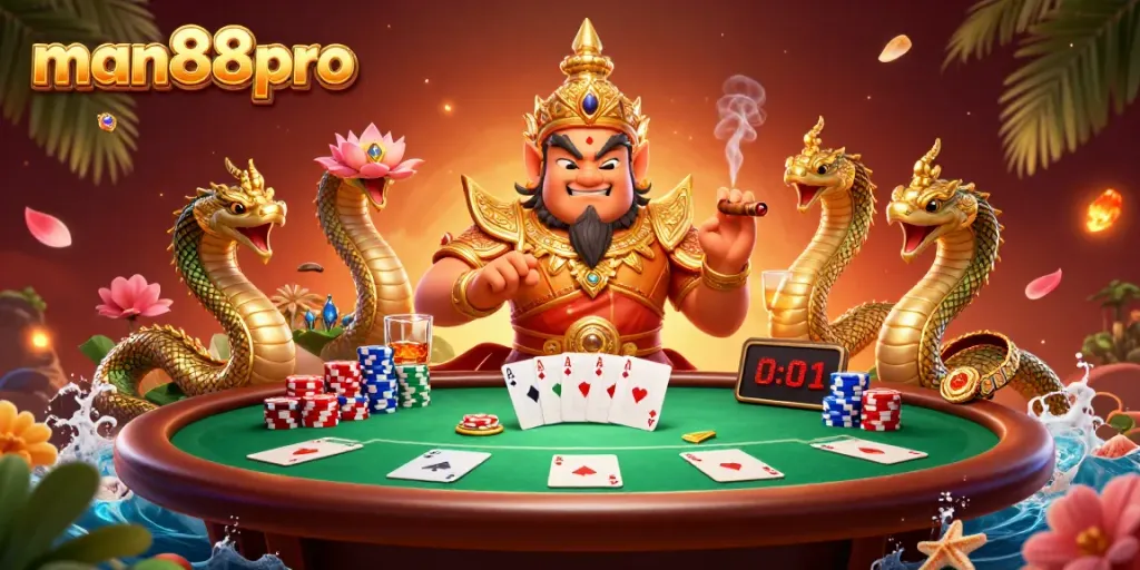 Experience man88pro excitement with a vibrant poker scene featuring a friendly yaksha guardian, lively chips, and cards.
