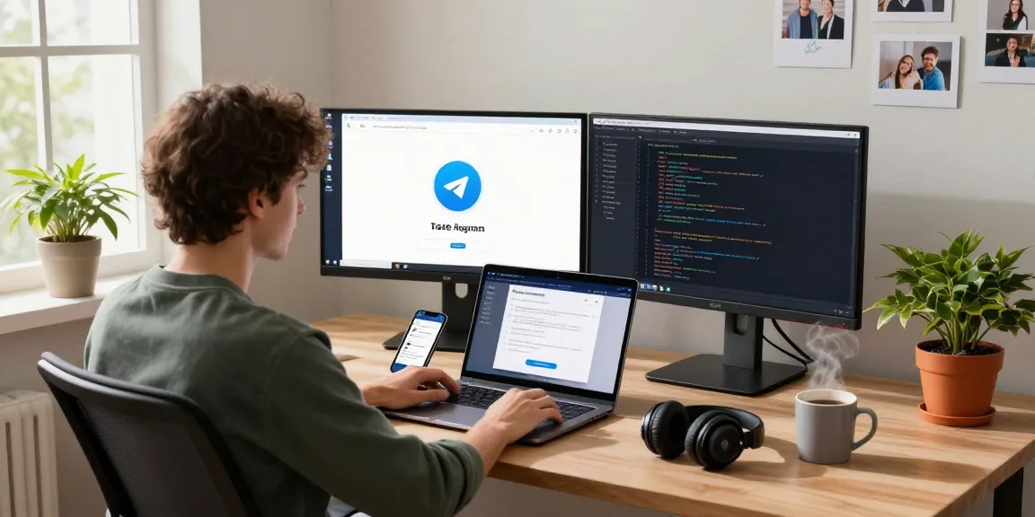 Accessing the Telegram web version in a modern workspace with sleek technology and engaging atmosphere.