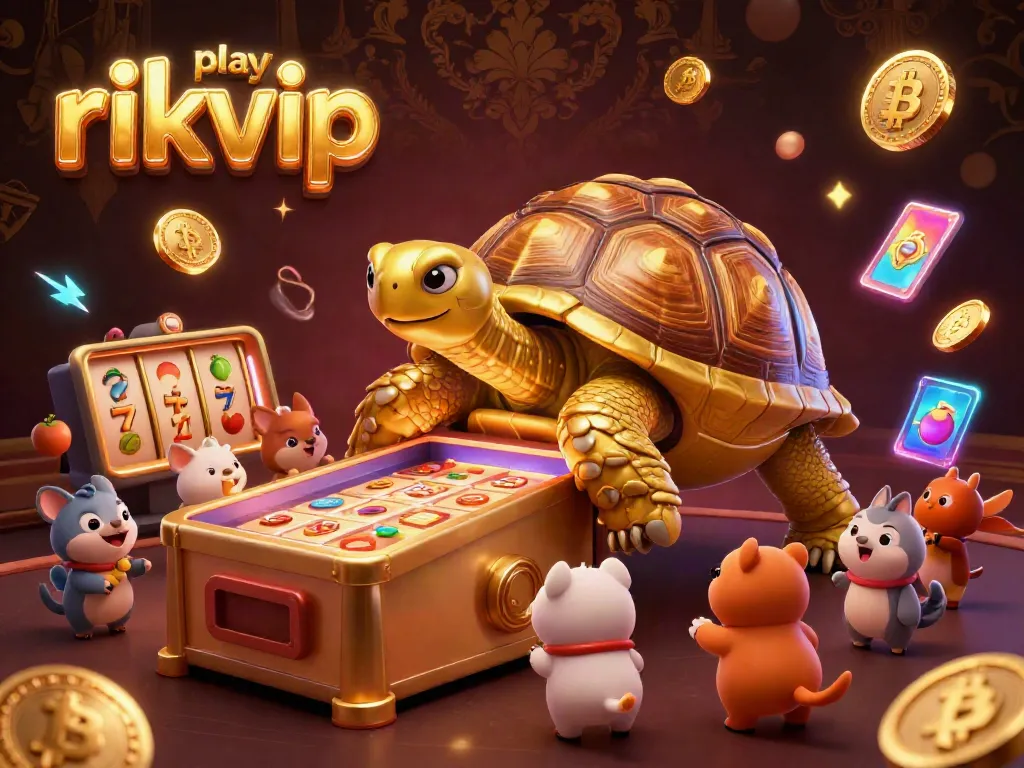 Play rikvip with a lively illustration of a gigantic pinball tortoise and vibrant slot machine elements.