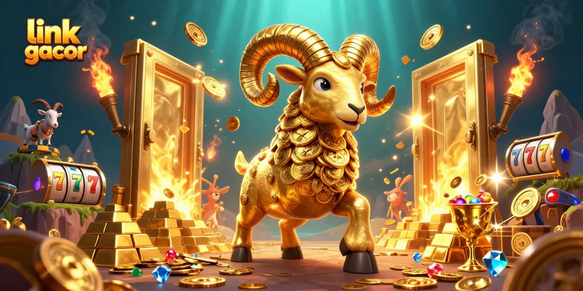 Engage with thrilling link slot gacor adventure as golden ram charges towards treasure in a vibrant casino scene.