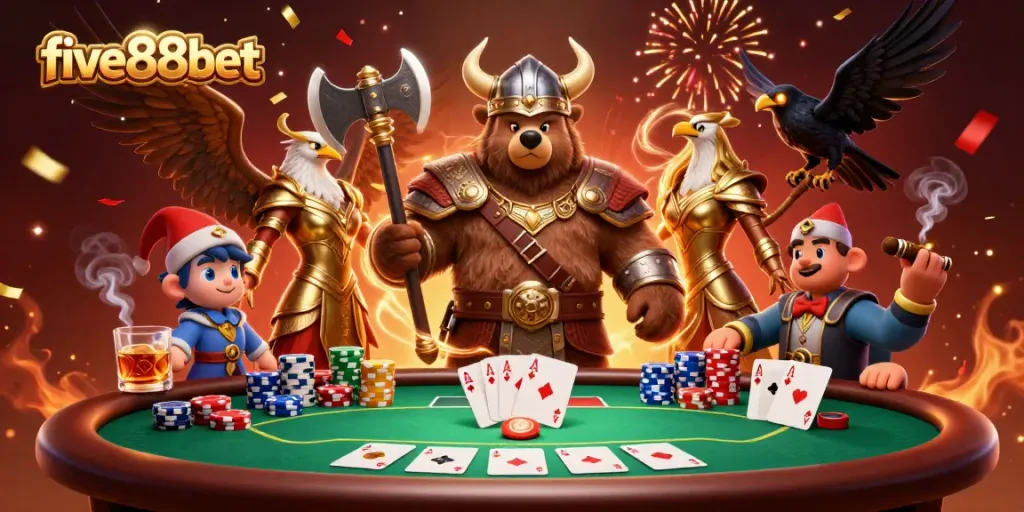 Engage in thrilling poker games at five88bet with colorful chips and dynamic characters.