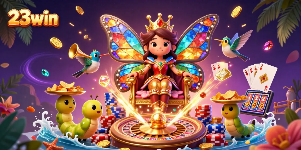 Engage with 23win's vibrant butterfly queen as she presides over a thrilling casino scene filled with golden wins.