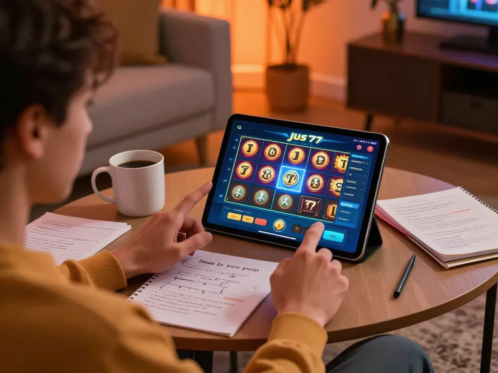 Engaged player enjoying jus77 slot game on tablet in cozy home setting.