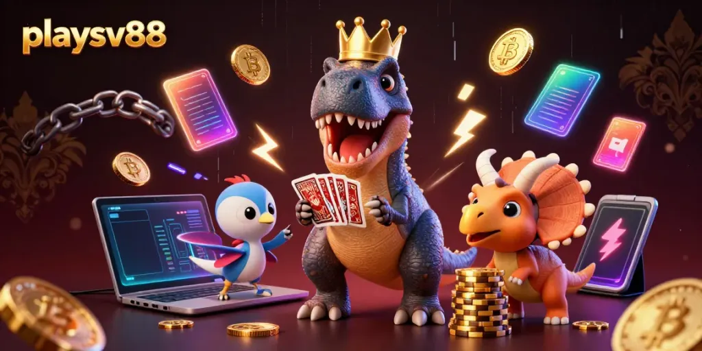 Experience the thrill of playing at playsv88 with a fun dinosaur casino scene featuring exciting gaming elements.