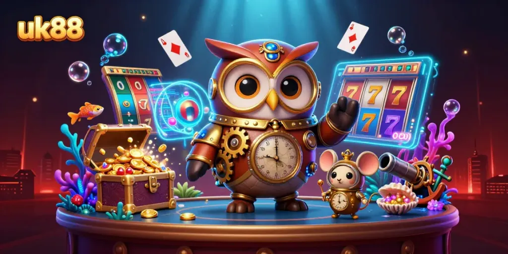 Experience the excitement at UK88 with time-traveling characters and vibrant casino elements.