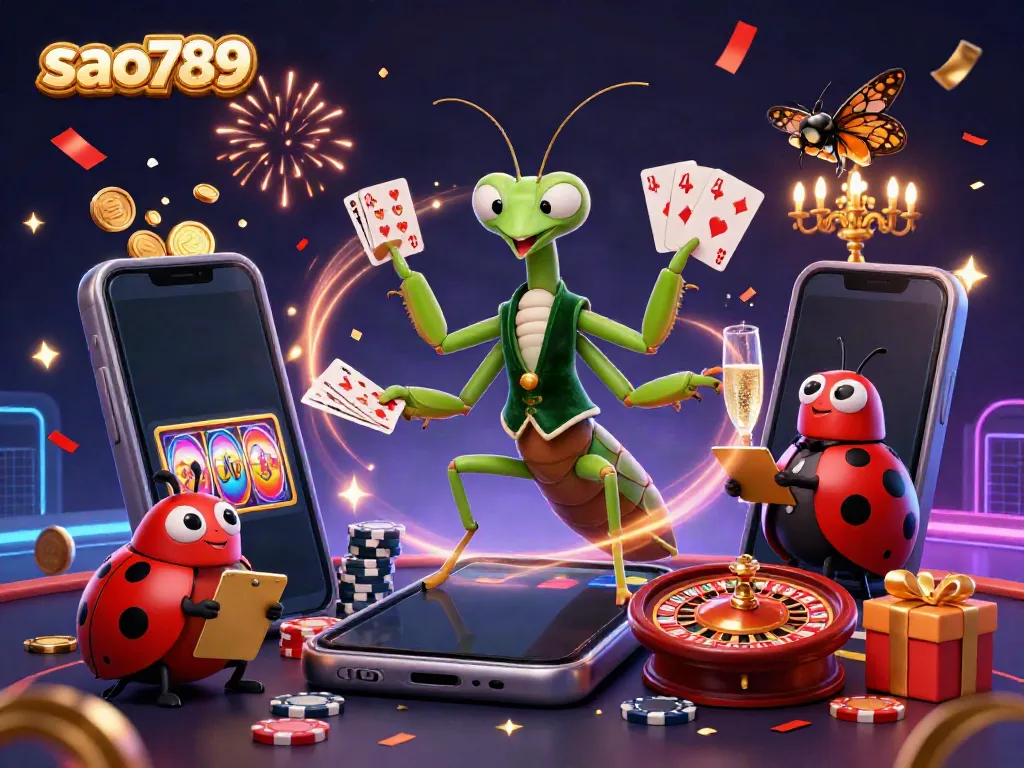 Sao789 celebrates gambling with vibrant 3D characters portrayed in a festive casino scene.