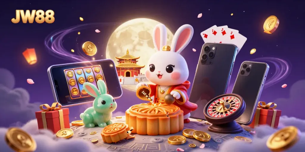 Experience the excitement of JW88 with a moon rabbit creating golden mooncakes and revealing poker chips.