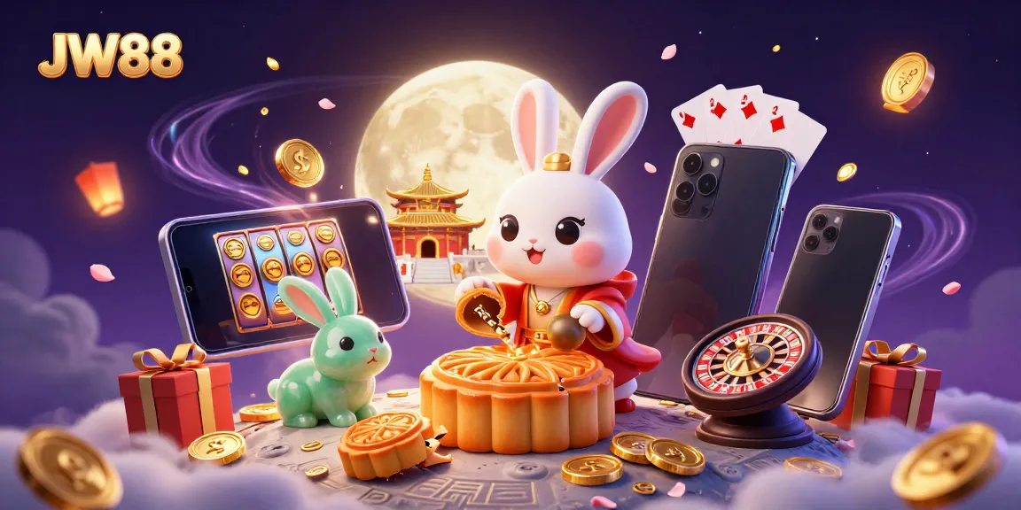 Experience the excitement of JW88 with a moon rabbit creating golden mooncakes and revealing poker chips.
