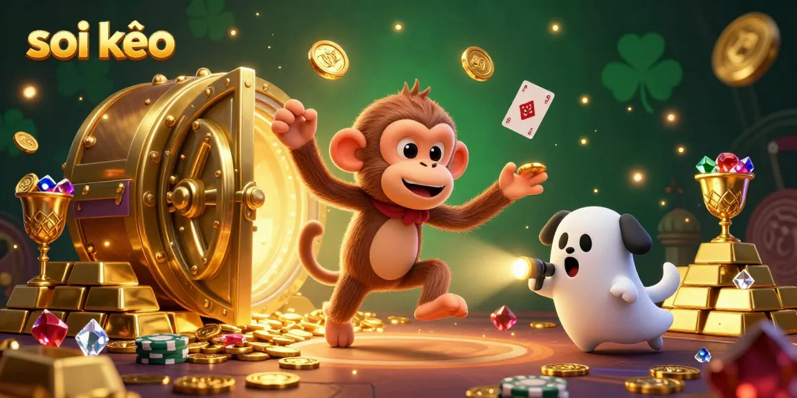 Engage with the excitement of soi kèo in a vibrant haunted casino scene featuring a mischievous monkey and adventurous puppy.