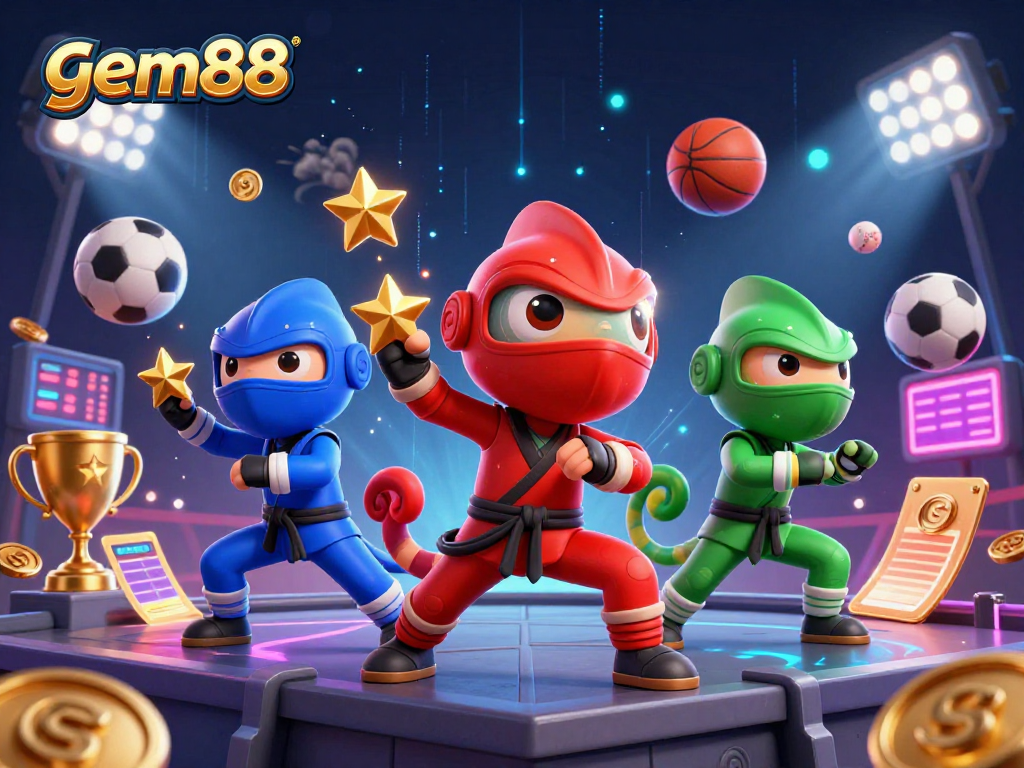 Experience thrilling gaming strategies with gem88 as vibrant cartoon chameleons showcase dynamic sports action.