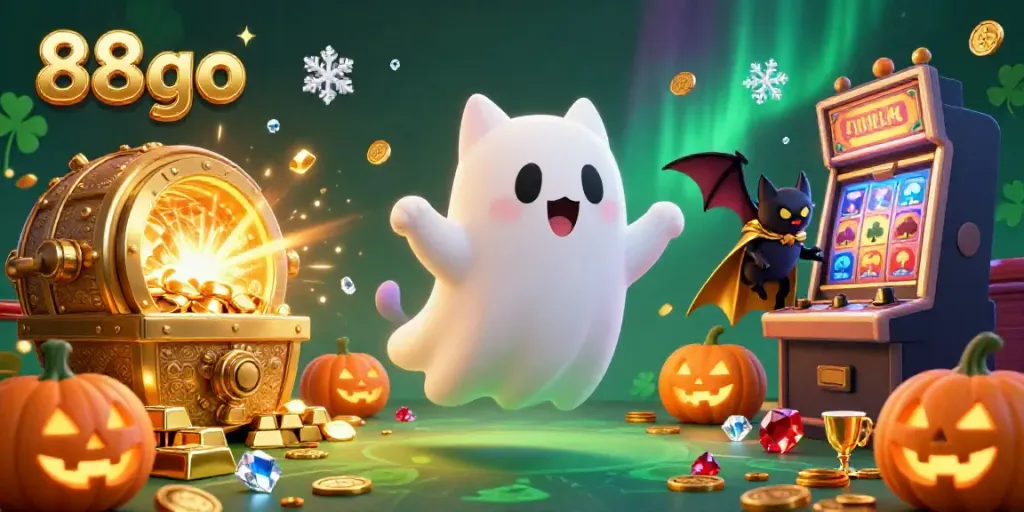 Engage with the festive atmosphere of 88go casino, featuring glowing pumpkins and a floating ghost cat among gold and gems.