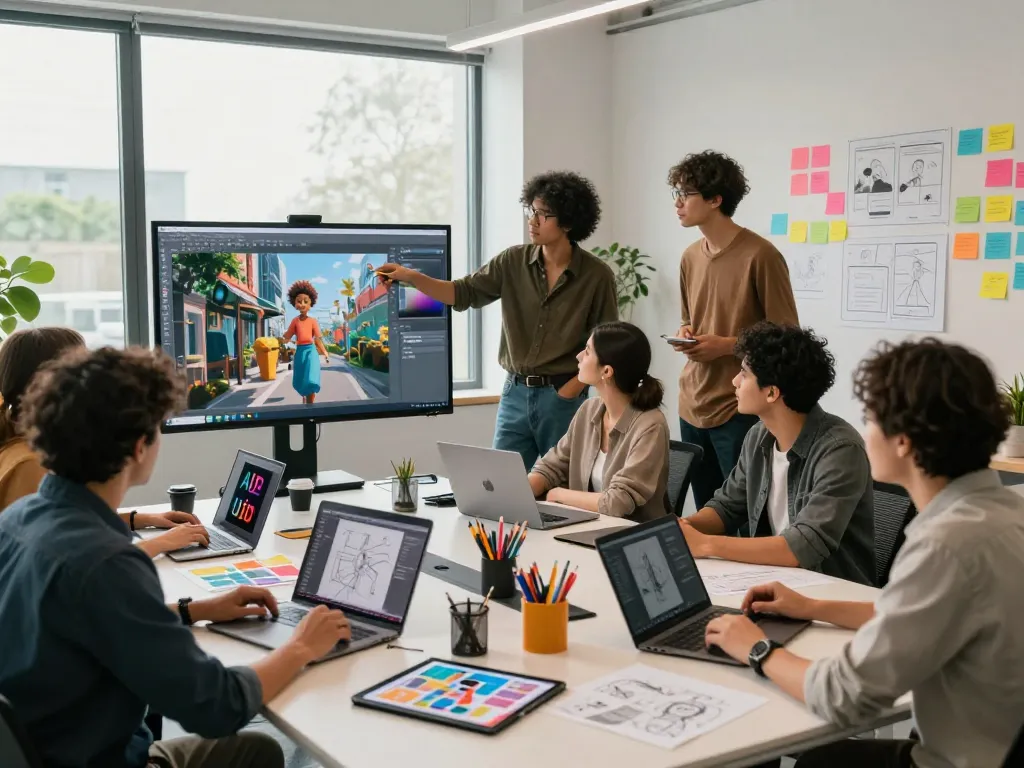 Team creating AI porn content in a dynamic tech workspace with digital tools and art.