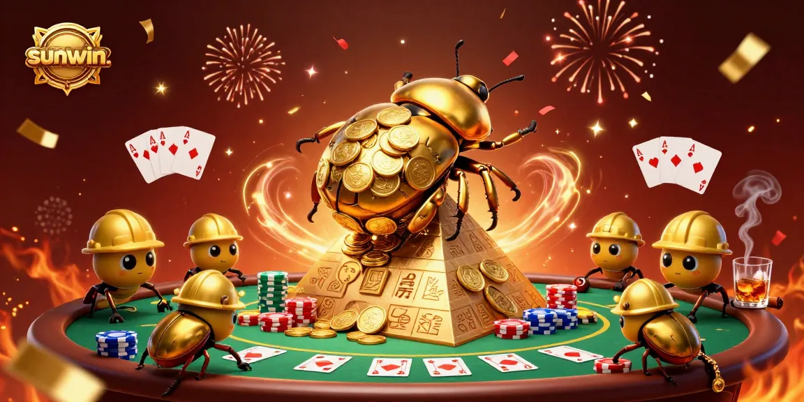 Experience thrilling gameplay at sunwin. with a giant golden beetle rolling coins in a vibrant casino scene.