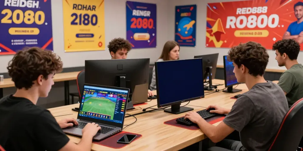 Enthusiastic players engaging with the RED88 online gaming platform, analyzing odds and live dealers.