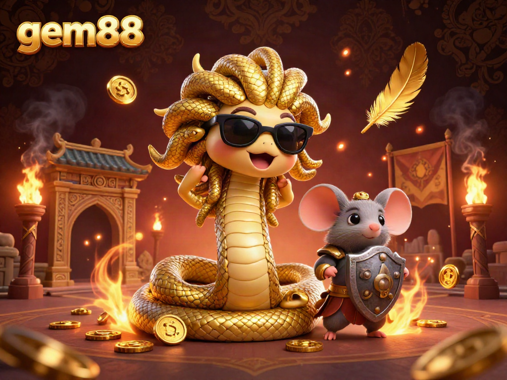 Experience thrilling action with gem88's Medusa and warrior mouse in a vibrant casino illustration.