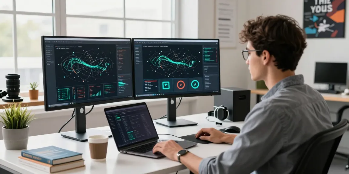 User utilizing 快连 software on multiple monitors in a modern tech workspace, focused on network optimization.