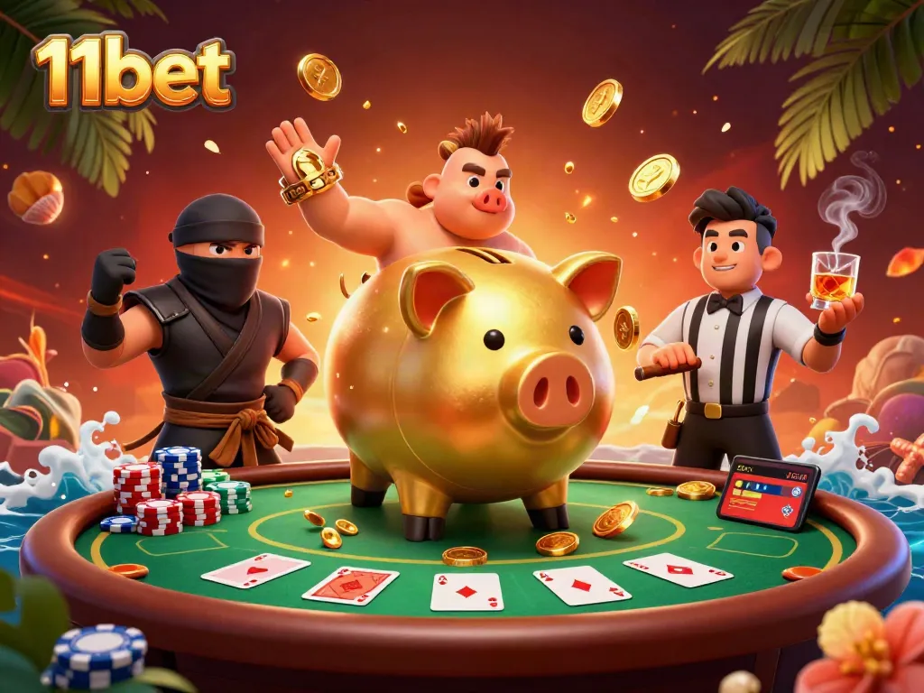 Experience thrilling 11bet action as a piggy bank sumo wrestler stomps coins from a dynamic poker scene.