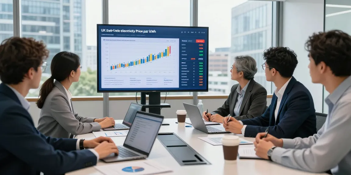 Business professionals collaborating on uk electricity price per kwh april 2026 analysis in a modern office.