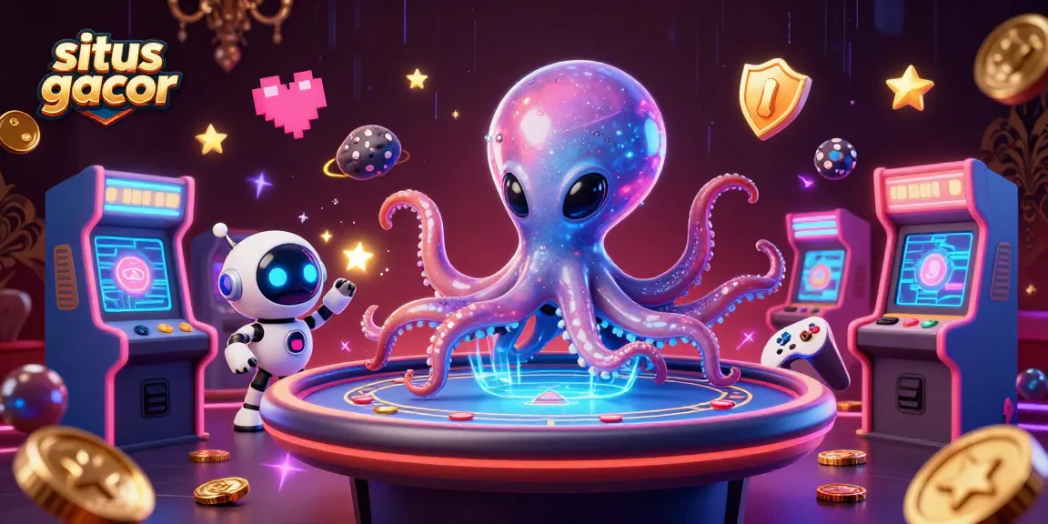 Experience excitement at situs gacor with a vibrant scene of an alien octopus and robot at a holographic poker table.