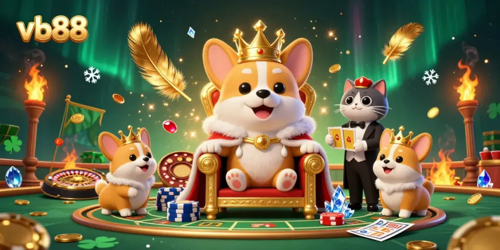 Engage with thrilling gameplay at VB88 featuring a corgi king and vibrant casino elements.
