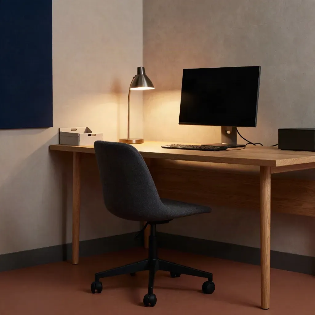 Pod stolem v kanceláři: židle, kabel u lišty, vypnutý monitor a lampa v tlumeném světle.