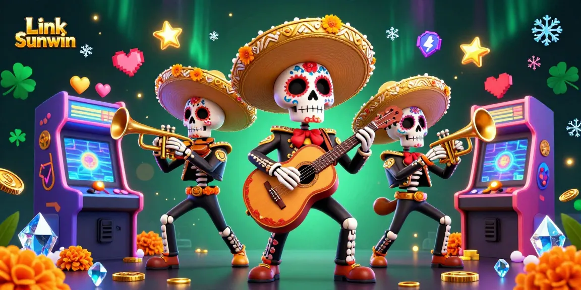 Engage with Link Sunwin in a vibrant casino scene featuring a lively mariachi band and arcade elements.