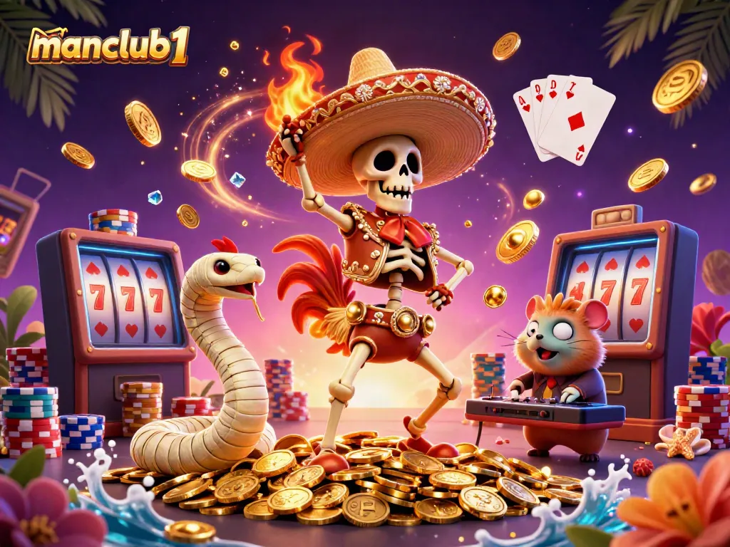 Experience the excitement of manclub1 with a vibrant 3D party scene of victorious characters and dazzling casino elements.