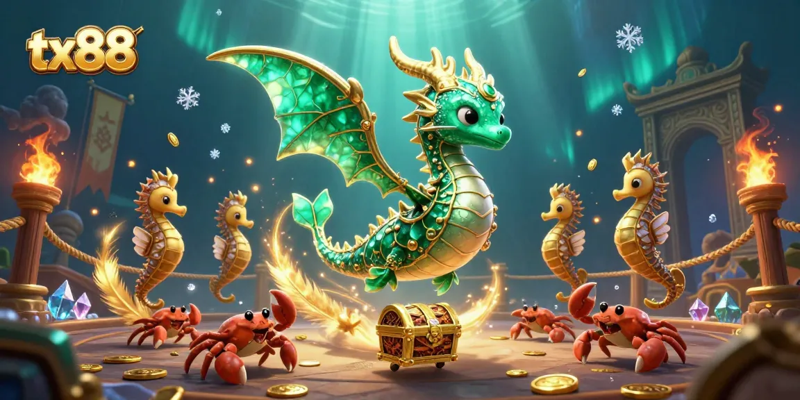 Engage with tx88 in a vibrant 3D casino scene of emerald sea dragons and treasure!