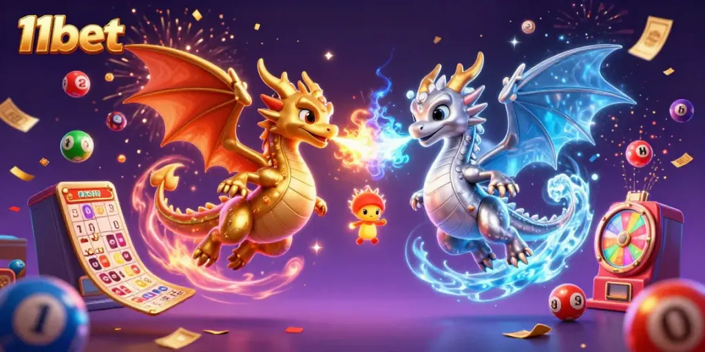 Experience excitement with 11bet as dragons clash amidst colorful lottery fun and vibrant gaming elements.