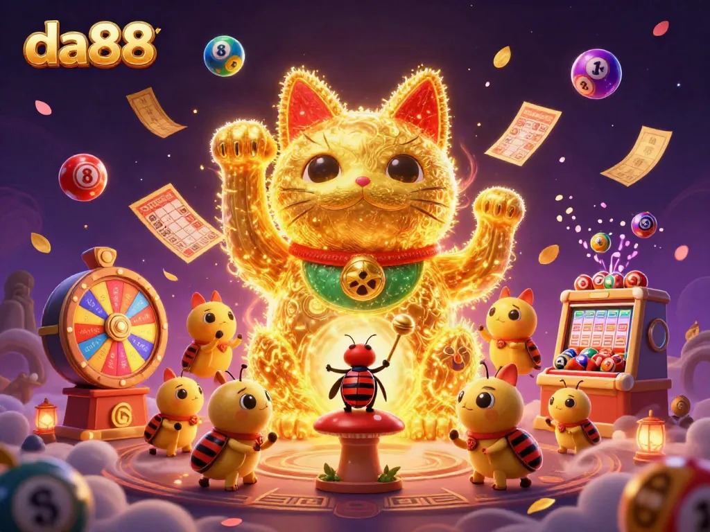 Experience the vibrant da88 online casino atmosphere with a golden lucky cat and casino symbols amidst dynamic game elements.