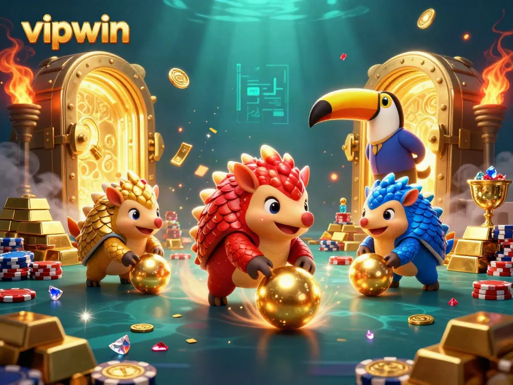 Rival pangolins bowling golden balls surrounded by poker chips in a vibrant vipwin casino scene