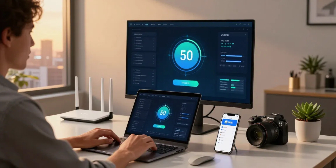 快连 user enjoying a fast internet connection in a modern workspace with multiple devices connected.