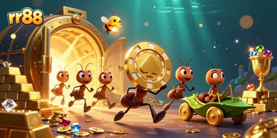 rr88 ants carrying a massive poker chip through a vivid, treasure-filled tunnel.