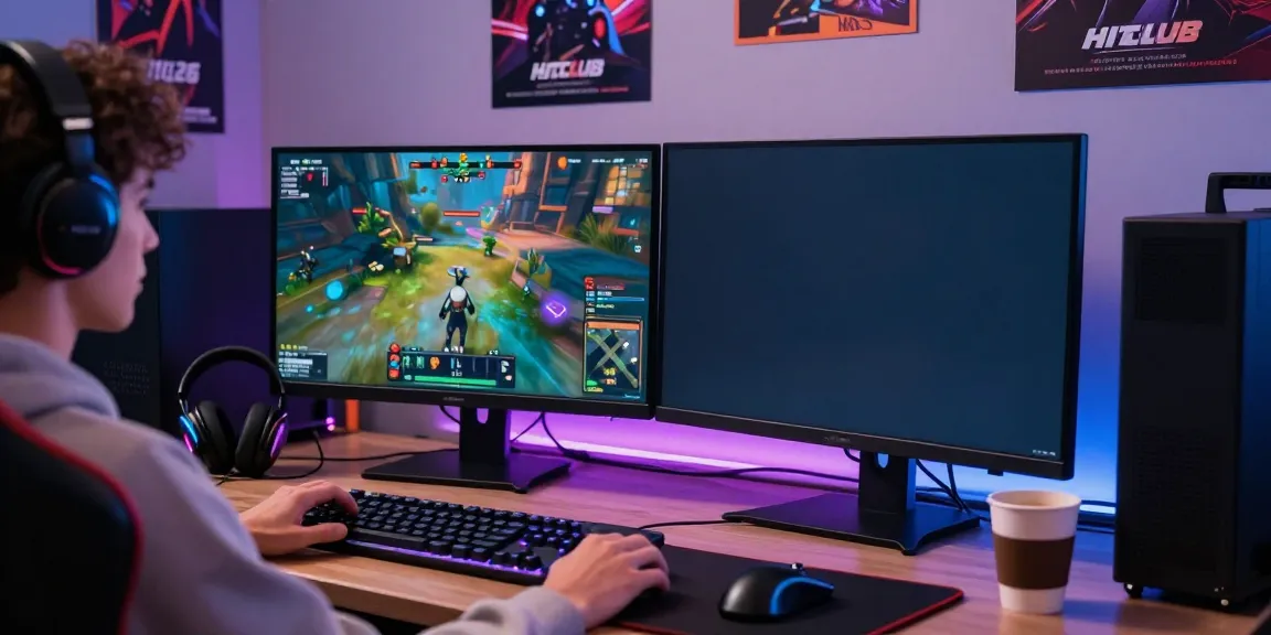 Exciting gaming on Hitclub with dual monitors and vibrant graphics.