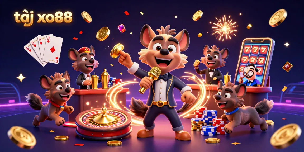 Join the fun at tại xo88 with hyenas in a vibrant comedy casino scene featuring gaming action and gold!