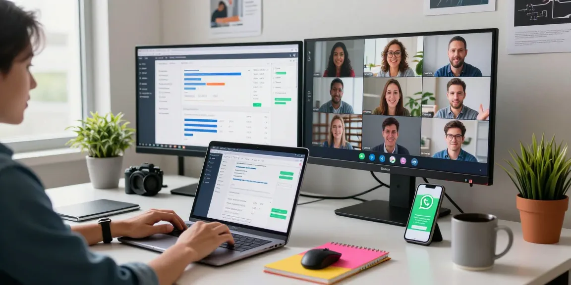 Professional workspace using WhatsApp網頁版 for digital marketing, showcasing team collaboration and tech gadgets.