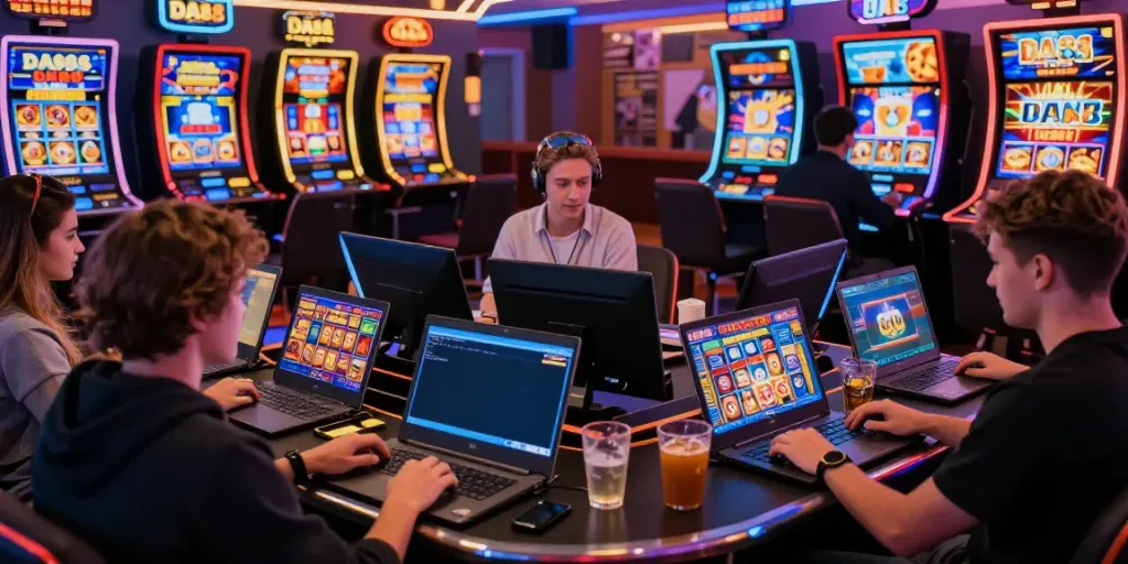 Players engaging with DA88 slot games in a vibrant online casino atmosphere, showcasing excitement and diversity.