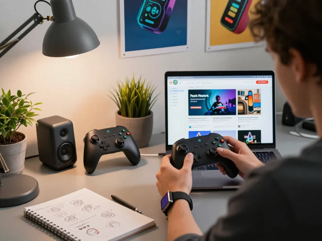 Trending tech gadgets showcased in a modern workspace, highlighting innovation and excitement.
