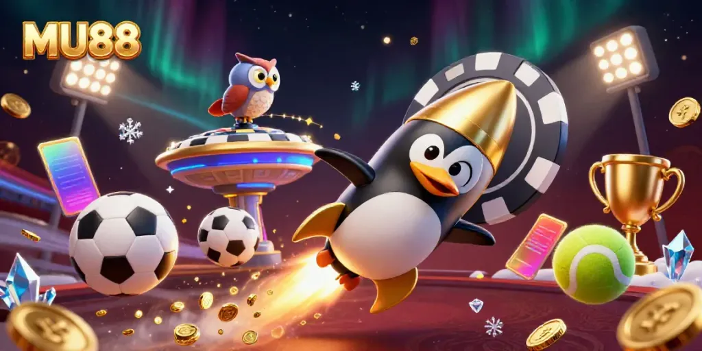 Experience thrilling gaming action with MU88 as the golden penguin speeds toward a vibrant casino.