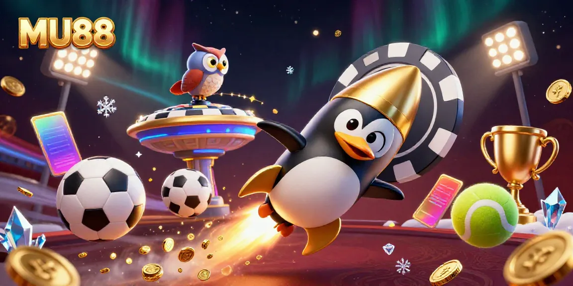Experience thrilling gaming action with MU88 as the golden penguin speeds toward a vibrant casino.