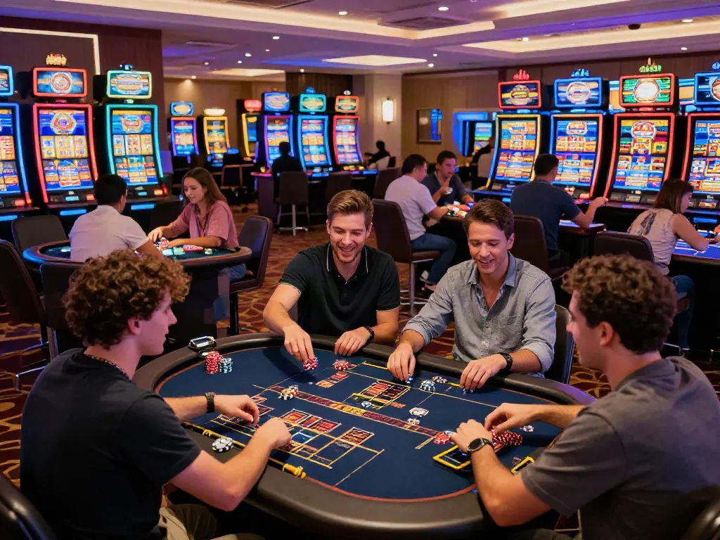 Engaging online gaming experience at https://fabet.com.mx/ with diverse players surrounded by colorful casino games and soft ambient lighting.