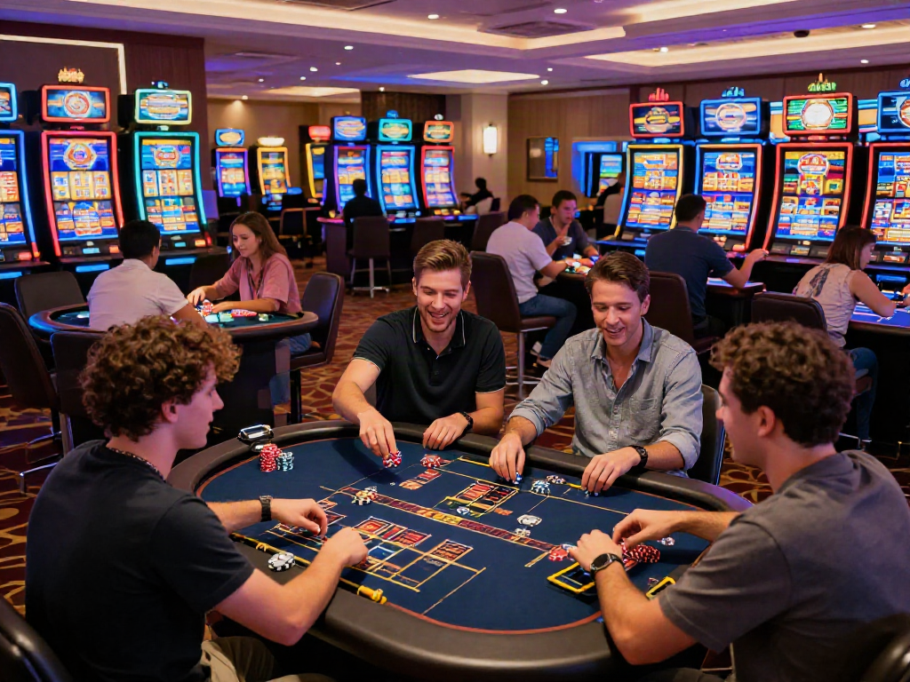 Engaging online gaming experience at https://fabet.com.mx/ with diverse players surrounded by colorful casino games and soft ambient lighting.