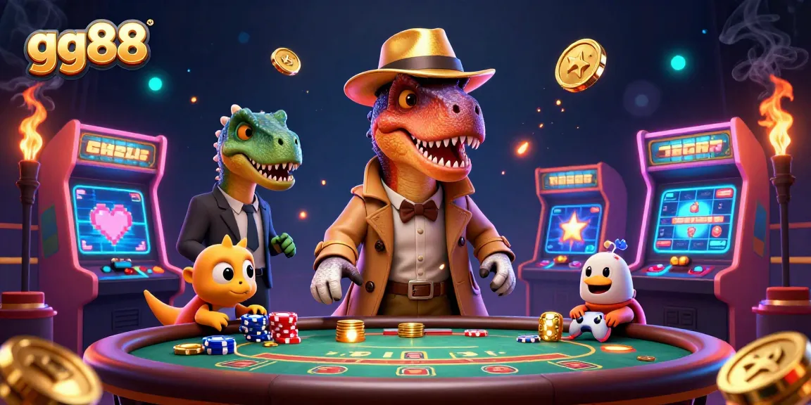 Watch a clever velociraptor card counter at gg88's blackjack table while a stegosaurus pit boss keeps a watchful eye.