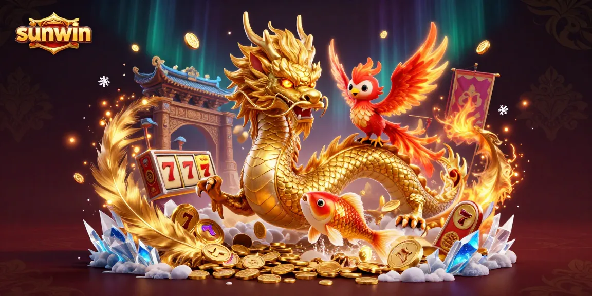 Experience the thrilling world of sunwin with a dynamic scene featuring a golden dragon, phoenix, and koi fish amidst slot reels and coins.