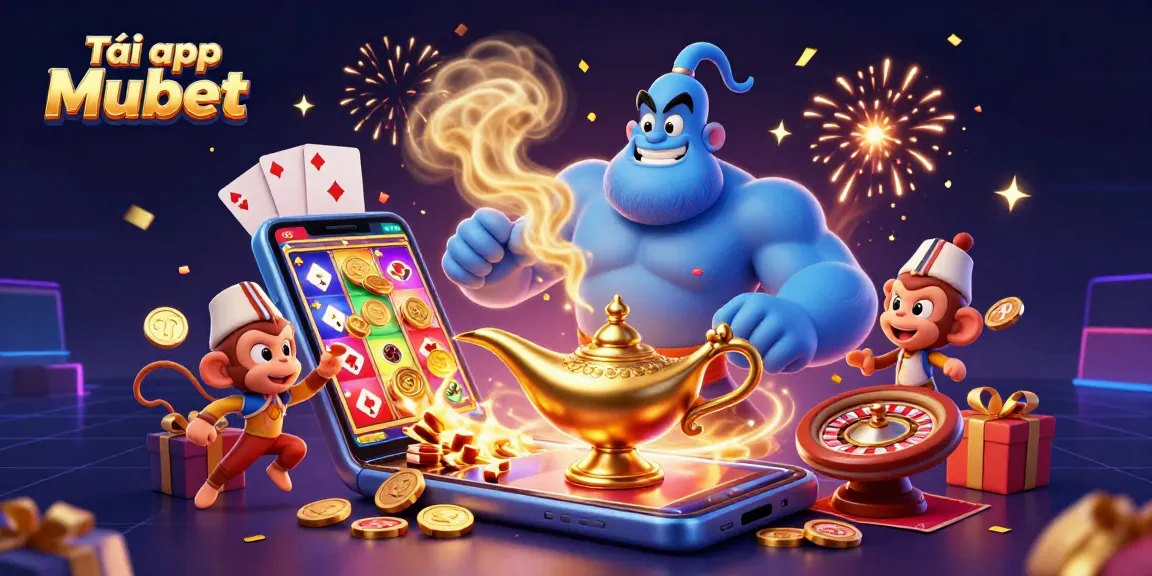 Tải app Mubet to experience a vibrant 3D casino environment with a genie, monkey, and slot games.