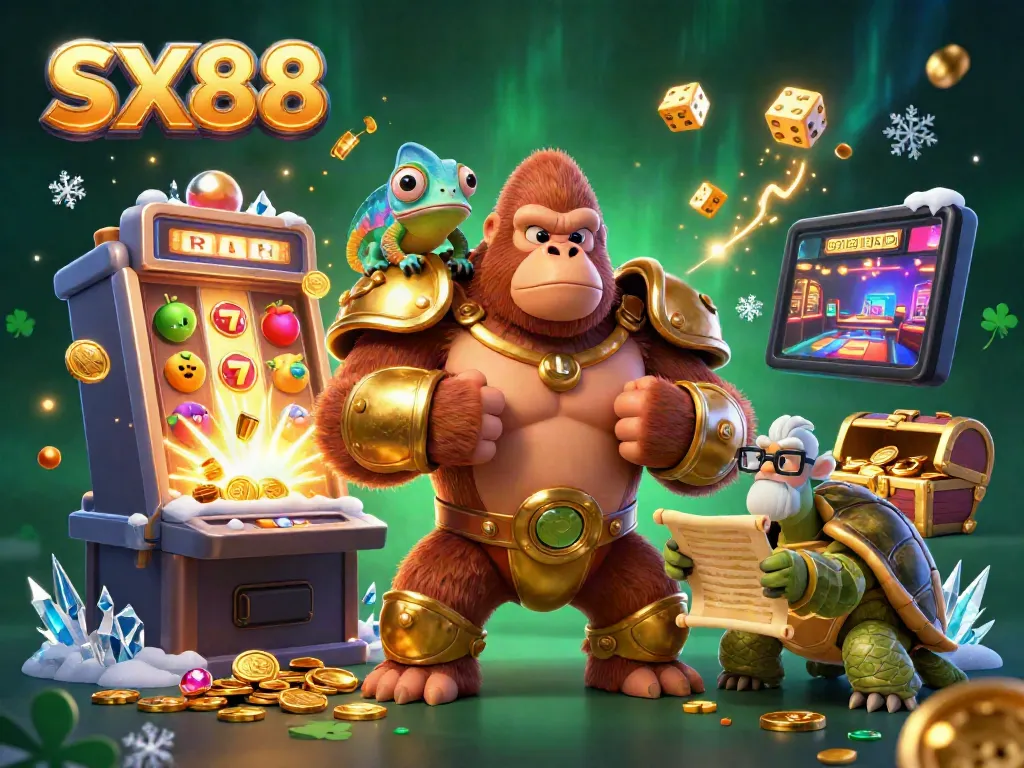 SX88 showcases an epic jackpot scene with a powerful gorilla king, chameleon, and tortoise amid slots and treasures.