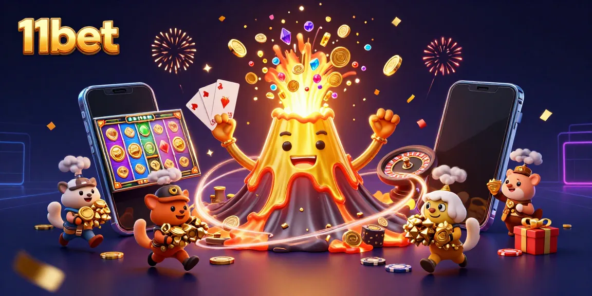 Experience thrilling wins at 11bet with a triumphant volcano and treasure-filled scene.
